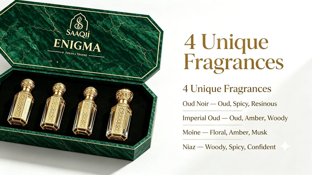 SAAQII Enigma Luxury Collection - Exclusive 4-Piece Premium Attar Gift Box for Men & Women (24ml Total)